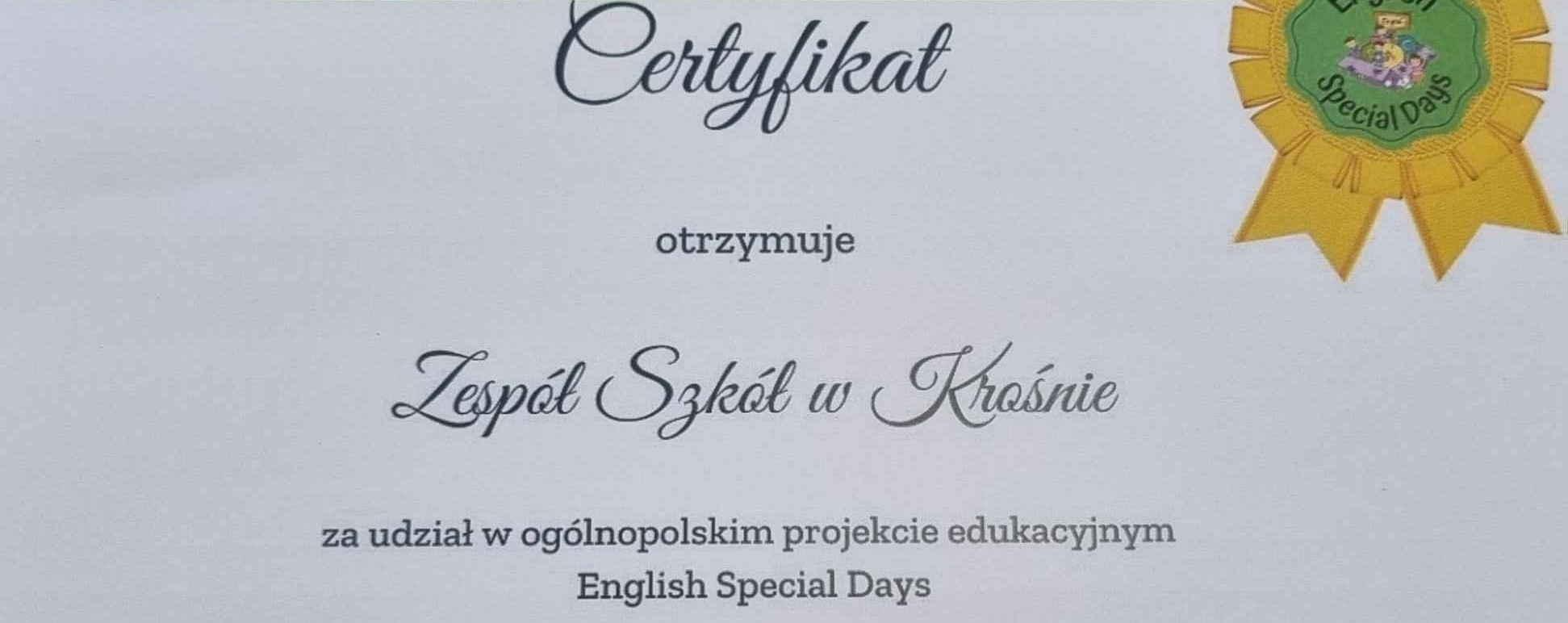 Certyfikat dla szkoły w projekcie „English Special Days”